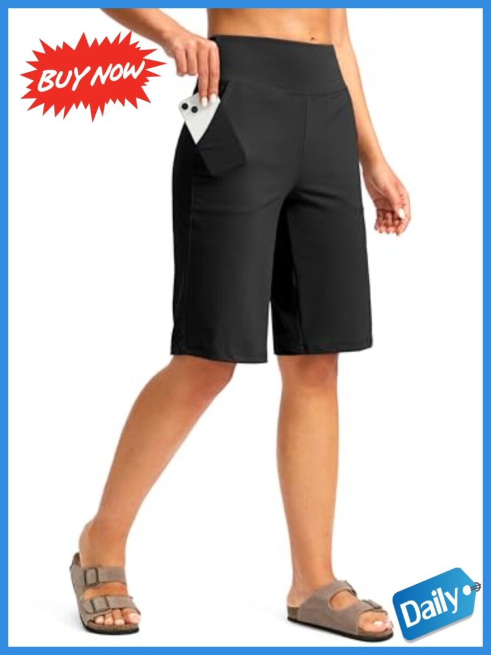 Bermuda Shorts 12" Knee Length High Waisted Stretch with Pockets